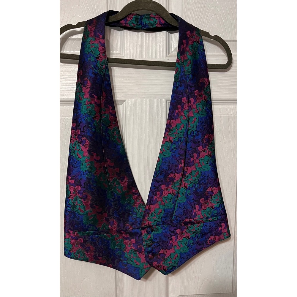 After Six Mens‎ Vintage Floral Jacquard Halter Tuxedo Vest Purple Teal L-XL USA